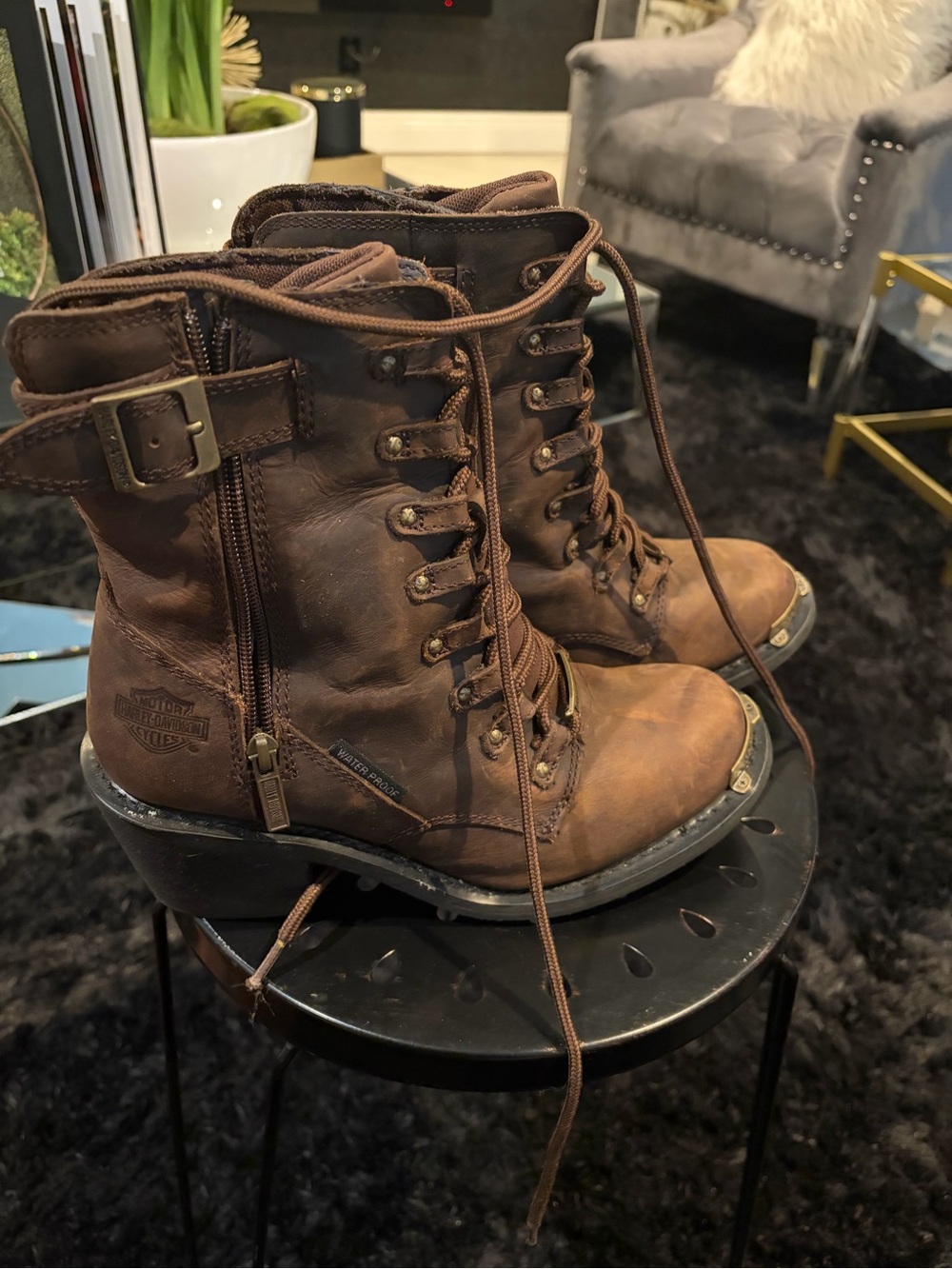 Harley-Davidson Brown Waterproof Leather Lace Up Moto Boots